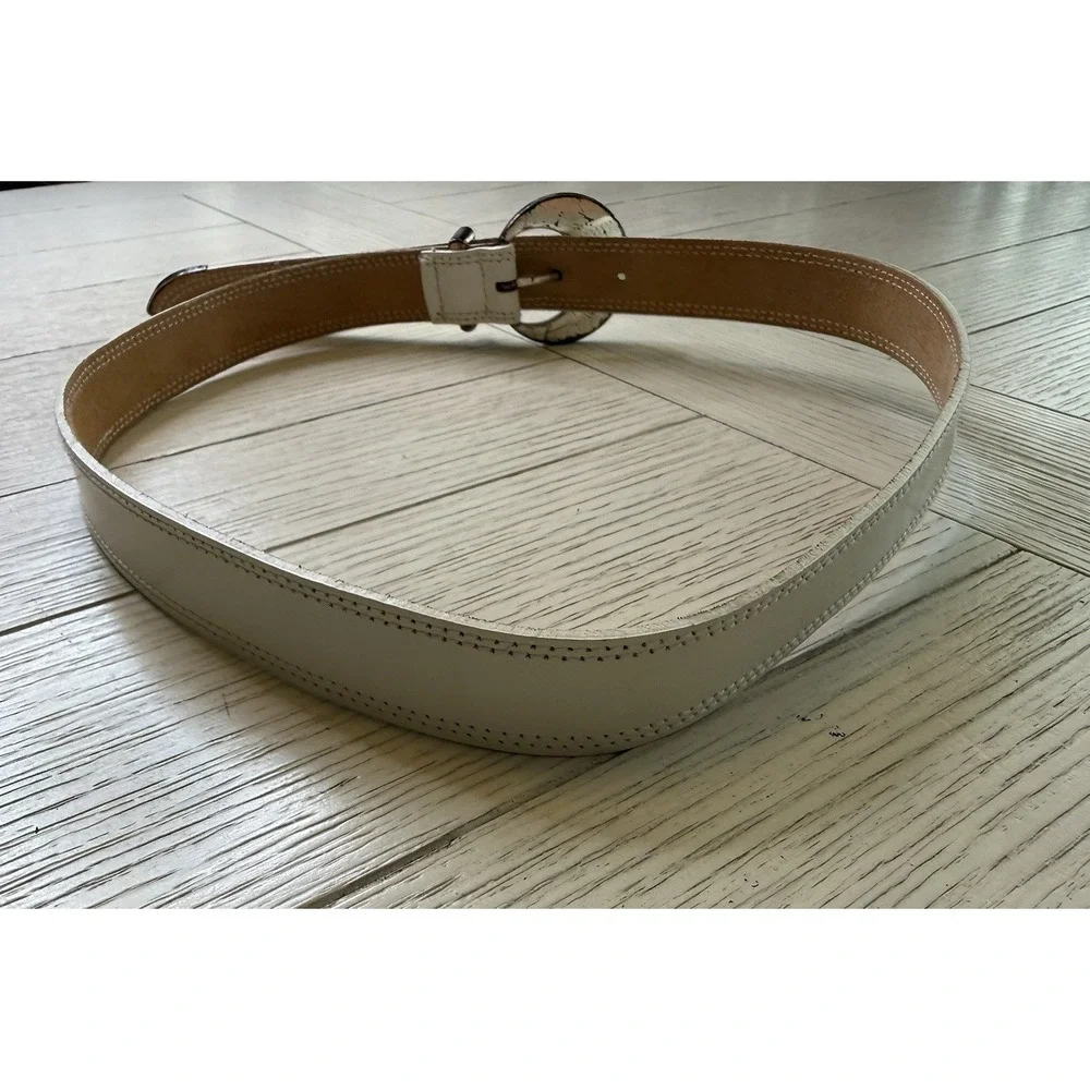 Vtg 1988 LIZ CLAIBORNE Women's L Wide‎ Belt White Leather Turquoise Buckle Retro